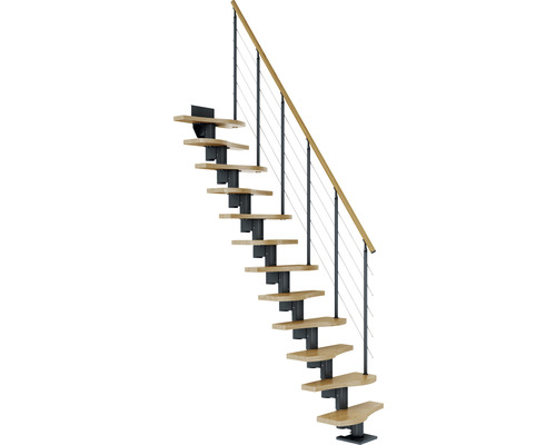 Escalier à limon central escalier de meunier Pertura Vaia anthracite variable 64 cm garde-corps à barres verticales chêne bois lamellé-collé vernis 12 marches 13 pas de marche