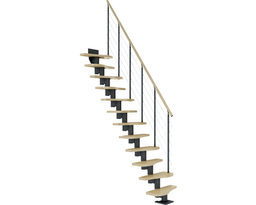 Escalier à limon central escalier de meunier Pertura Vaia anthracite variable 64 cm garde-corps à barres verticales érable bois lamellé-collé vernis 13 marches 14 pas de marche Escalier en bois avec garde-corps à câble en acier