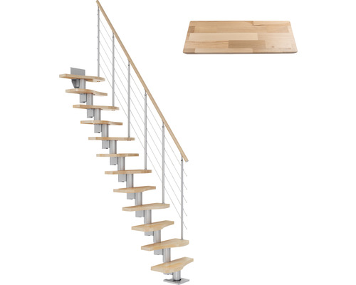 Escalier à limon central escalier de meunier Pertura Vaia gris perle variable 64 cm garde-corps à barres verticales hêtre bois lamellé-collé vernis 11 marches 12 pas de marche
