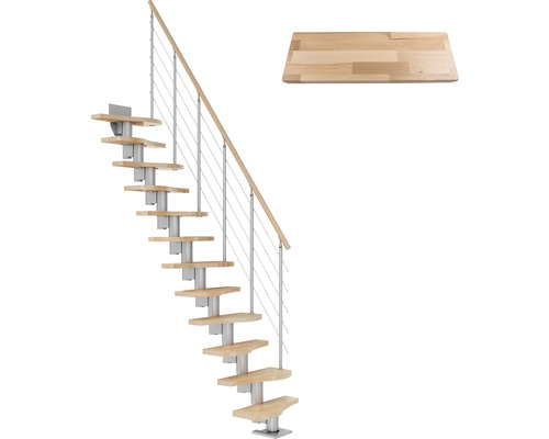 Pertura Mittelholmtreppe Raumspartreppe Vaia Perlgrau Variabel variabel 1/4 gewendelt unten links/rechts Gerade 64 cm Stabgeländer Buche Leimholz Lackiert 11 Stufen / 12 Steigungen