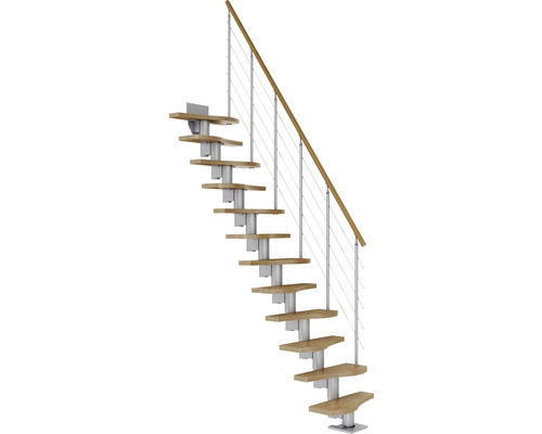 Escalier à limon central escalier de meunier Pertura Vaia gris perle variable 64 cm garde-corps à barres verticales chêne bois lamellé-collé vernis 11 marches 12 pas de marche