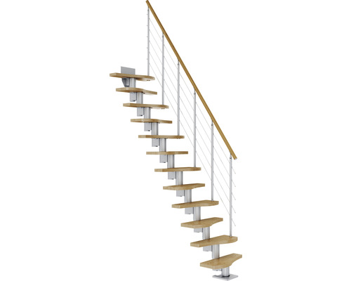 Escalier à limon central escalier de meunier Pertura Vaia gris perle Variabel variable 1/4 tournant en bas gauche/droite droit 64 cm balustrade à barres chêne bois lamellé-collé verni 13 marches / 14 pas de marche Escalier avec marches en bois, poteaux en métal et câbles de garde-corps.