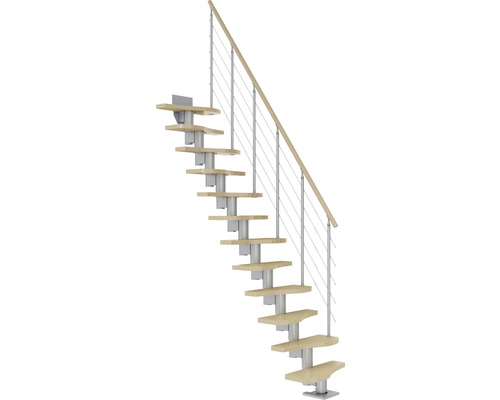 Escalier à limon central escalier de meunier Pertura Vaia gris perle variable 64 cm garde-corps à barres verticales érable bois lamellé-collé vernis 11 marches 12 pas de marche