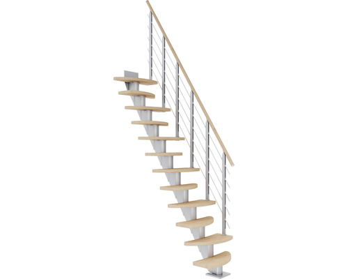 Pertura Escalier à limon central Aris gris perle Variabel variable 1/4 spirale bas gauche/droite droit 64 cm balustrade chêne blanc huilé 11 marches / 12 pas de marche Escalier gain de place avec marches en bois et rampe en métal