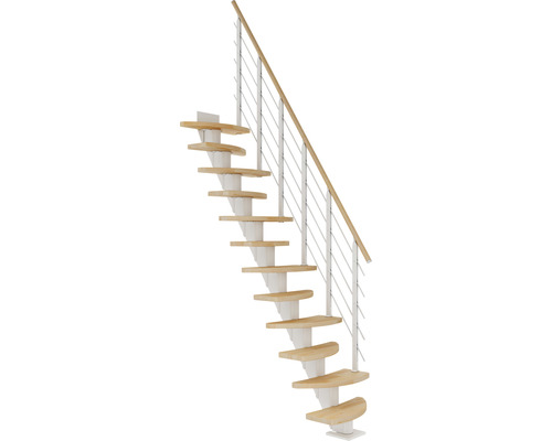 Escalier à limon central Pertura Aris blanc variable 64 cm garde-corps à barres horizontales hêtre bois lamellé-collé huilé 10 marches 11 pas de marche