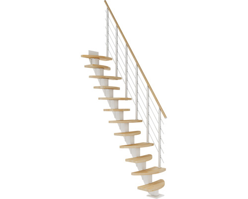 Escalier à limon central Pertura Aris blanc variable 64 cm garde-corps à barres horizontales hêtre bois lamellé-collé huilé 13 marches 14 pas de marche Escalier peu encombrant avec marches en bois et garde-corps avec câbles en acier inoxydable