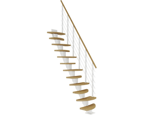 Escalier à limon central Pertura Aris blanc variable 64 cm garde-corps à barres horizontales chêne bois lamellé-collé huilé 11 marches 12 pas de marche