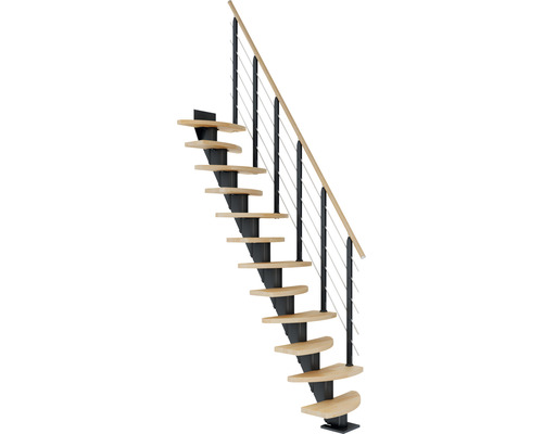 Escalier à limon central Pertura Aris anthracite variable 64 cm garde-corps à barres horizontales hêtre bois lamellé-collé huilé 12 marches 13 pas de marche Escalier gain de place avec marches en bois, balustrade en métal et câbles en acier inoxydable