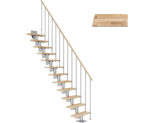 Escalier à limon central Pertura Spiros gris perle 65 cm garde-corps à barres verticales hêtre bois lamellé-collé vernis 11 marches 12 pas de marche