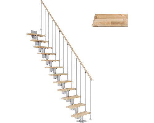 Pertura Mittelholmtreppe Spiros Perlgrau 65 cm Stabgeländer Buche Leimholz Lackiert 11 Stufen 12 Steigungen