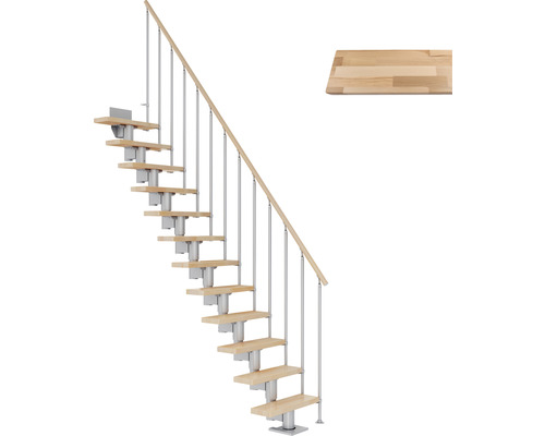 Escalier à limon central Pertura Spiros gris perle 65 cm garde-corps à barres verticales hêtre bois lamellé-collé vernis 12 marches 13 pas de marche