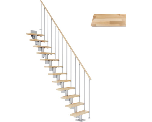 Escalier à limon central Pertura Spiros gris perle 65 cm garde-corps à barres verticales bois de hêtre lamellé-collé verni(e) 13 marches/14 pas de marche