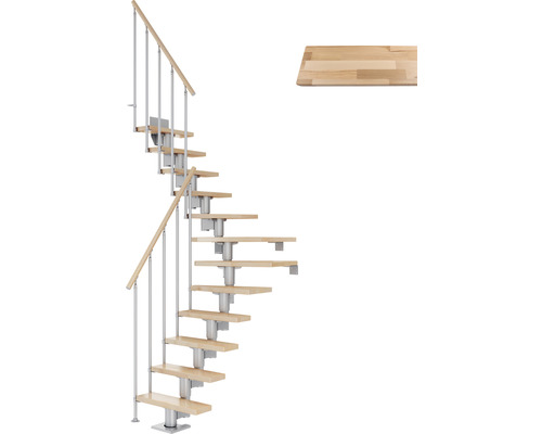 Pertura Mittelholmtreppe Spiros Perlgrau 1/4 gewendelt unten links/rechts 65 cm Stabgeländer Buche Leimholz Lackiert 11 Stufen / 12 Steigungen