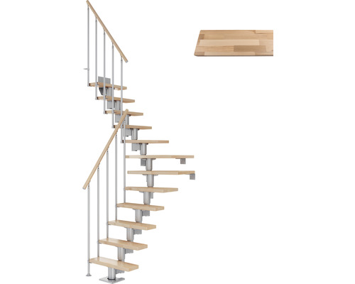 Pertura Mittelholmtreppe Spiros Perlgrau 65 cm Stabgeländer Buche Leimholz Lackiert 13 Stufen 14 Steigungen