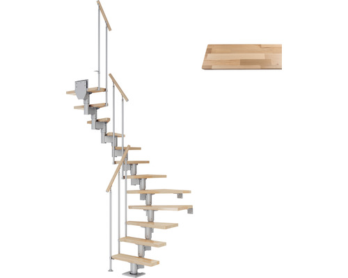 Pertura Mittelholmtreppe Spiros Perlgrau 65 cm Stabgeländer Buche Leimholz Lackiert 11 Stufen 12 Steigungen