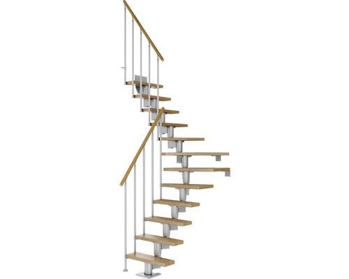 Escalier à limon central Pertura Spiros gris perle 65 cm garde-corps à barres verticales chêne vernis 12 marches 13 pas de marche Escalier en colimaçon avec marches en bois et rampe en métal