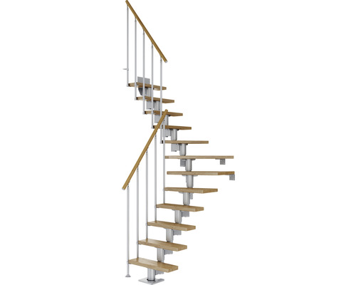 Pertura Mittelholmtreppe Spiros Perlgrau 1/4 gewendelt unten links/rechts 65 cm Stabgeländer Eiche Lackiert 13 Stufen / 14 Steigungen