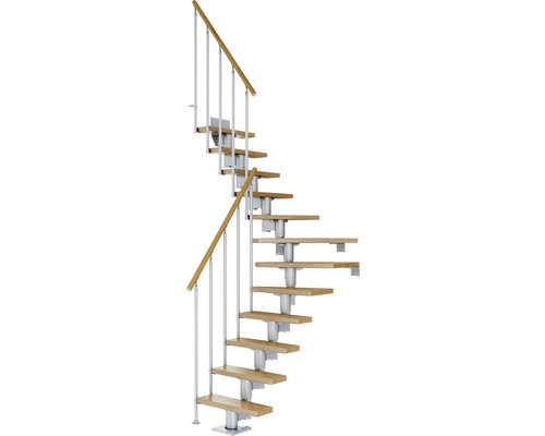 Escalier à limon central Pertura Spiros gris perle 65 cm garde-corps à barres verticales chêne vernis 14 marches 15 pas de marche Escalier en colimaçon avec marches en bois et rampe en métal