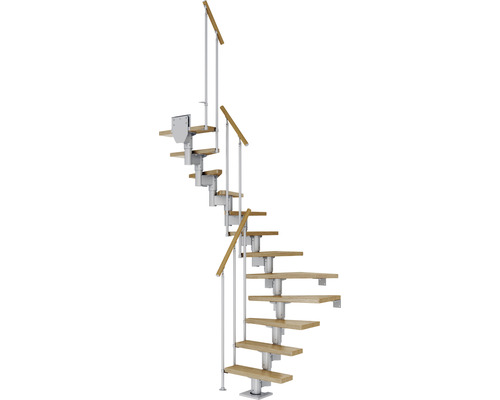 Escalier à limon central Pertura Spiros gris perle 65 cm garde-corps à barres verticales chêne vernis 11 marches 12 pas de marche