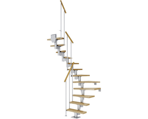 Escalier à limon central Pertura Spiros gris perle 65 cm garde-corps à barres verticales chêne vernis 12 marches 13 pas de marche