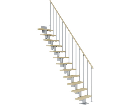 Escalier à limon central Pertura Spiros gris perle 65 cm garde-corps à barres verticales erable lamellé-collé verni(e) 14 marches/15 pas de marche