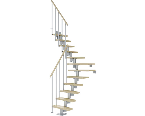 Escalier à limon central Pertura Spiros gris perle 65 cm garde-corps à barres verticales érable bois lamellé-collé vernis 12 marches 13 pas de marche Escalier en colimaçon avec marches en bois et rampe en métal