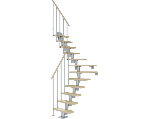 Pertura Mittelholmtreppe Spiros Perlgrau 1/4 gewendelt unten links/rechts 65 cm Stabgeländer Ahorn Leimholz Lackiert 12 Stufen / 13 Steigungen