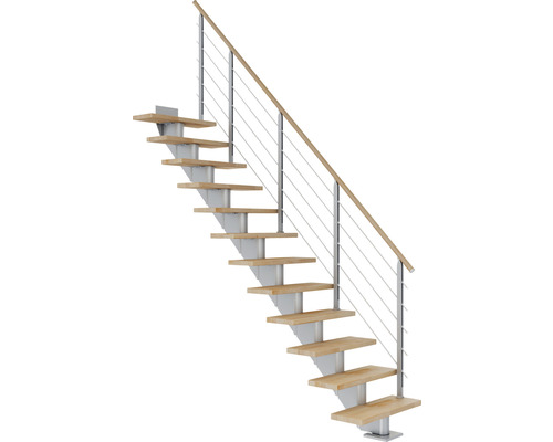 Escalier à limon central Pertura Alena gris perle 75 cm garde-corps à barres horizontales bois de hêtre lamellé-collé huilé 11 marches/12 pas de marche