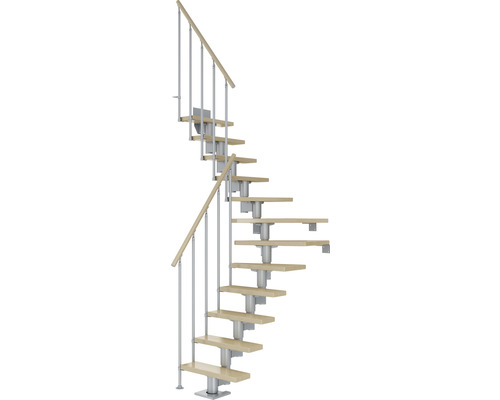 Escalier à limon central Pertura Spiros gris perle 65 cm garde-corps à barres verticales érable bois lamellé-collé vernis 14 marches 15 pas de marche Escalier en colimaçon en bois et métal pour l''intérieur