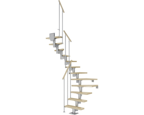 Escalier à limon central Pertura Spiros gris perle 65 cm garde-corps à barres verticales érable bois lamellé-collé vernis 14 marches 15 pas de marche