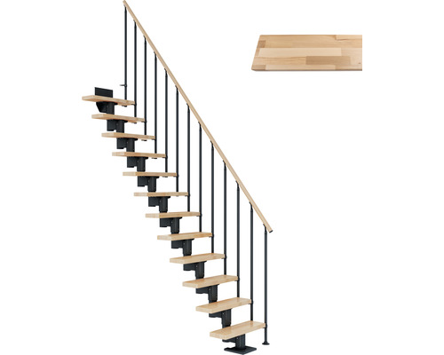 Escalier à limon central Pertura Spiros anthracite 65 cm garde-corps à barres verticales bois de hêtre lamellé-collé verni(e) 12 marches/13 pas de marche