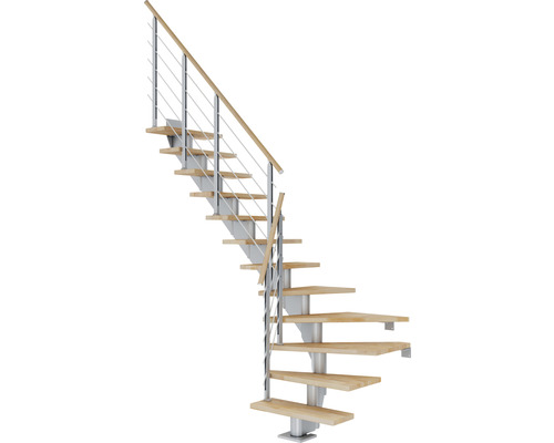 Escalier à limon central Pertura Alena gris perle 75 cm garde-corps à barres horizontales hêtre bois lamellé-collé huilé 12 marches 13 pas de marche