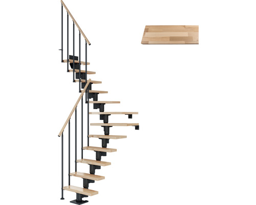 Escalier à limon central Pertura Spiros anthracite 65 cm garde-corps à barres verticales hêtre bois lamellé-collé vernis 14 marches 15 pas de marche Escalier gain de place en bois et métal avec marche séparée