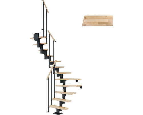 Escalier à limon central Pertura Spiros anthracite 65 cm garde-corps à barres verticales hêtre bois lamellé-collé vernis 14 marches 15 pas de marche