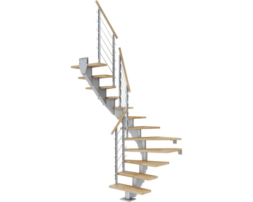 Escalier à limon central Pertura Alena gris perle 75 cm garde-corps à barres horizontales hêtre bois lamellé-collé huilé 12 marches 13 pas de marche