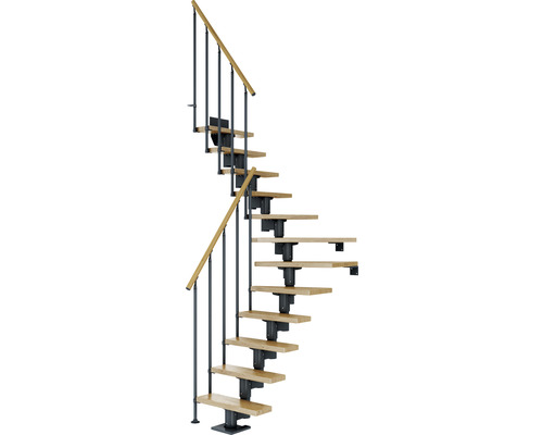 Escalier à limon central Pertura Spiros anthracite 65 cm garde-corps à barres verticales chêne vernis 13 marches 14 pas de marche