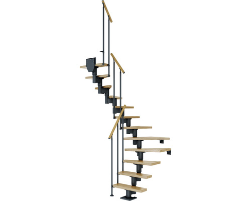 Escalier à limon central Pertura Spiros anthracite 65 cm garde-corps à barres verticales chêne vernis 12 marches 13 pas de marche