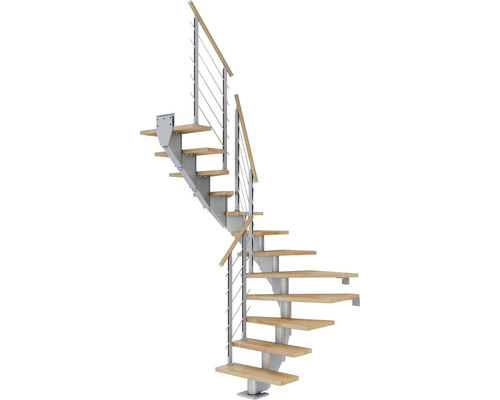 Escalier à limon central Pertura Alena gris perle 75 cm garde-corps à barres horizontales hêtre bois lamellé-collé huilé 14 marches 15 pas de marche