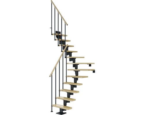 Escalier à limon central Pertura Spiros anthracite 65 cm garde-corps à barres verticales érable bois lamellé-collé vernis 11 marches 12 pas de marche