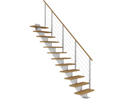 Escalier à limon central Pertura Alena gris perle 75 cm garde-corps à barres horizontales chêne lamellé-collé huilé 11 marches/12 pas de marche