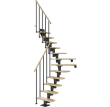 Escalier en colimaçon avec marches en bois et rampe en métal
