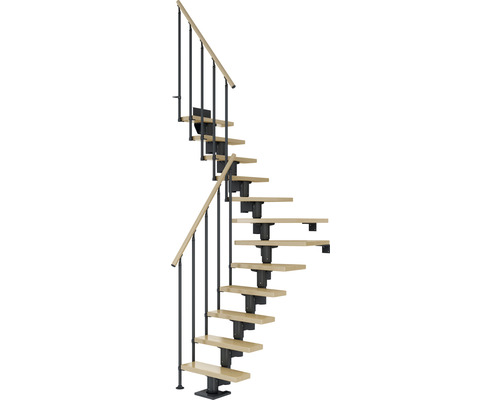 Escalier à limon central Pertura Spiros anthracite 65 cm garde-corps à barres verticales érable bois lamellé-collé vernis 12 marches 13 pas de marche Escalier en colimaçon avec marches en bois et rampe en métal