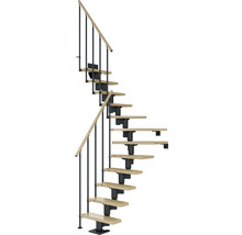 Escalier en colimaçon avec marches en bois et rampe en métal