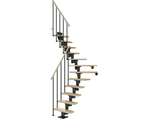 Escalier à limon central Pertura Spiros anthracite 65 cm garde-corps à barres verticales érable bois lamellé-collé vernis 14 marches 15 pas de marche