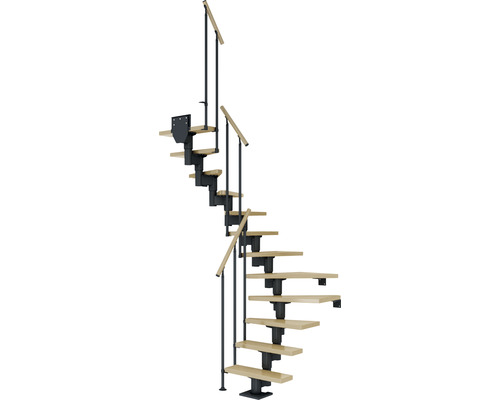 Escalier à limon central Pertura Spiros anthracite 65 cm garde-corps à barres verticales érable bois lamellé-collé vernis 14 marches 15 pas de marche