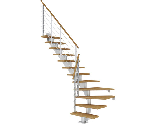 Escalier à limon central Pertura Alena gris perle 75 cm garde-corps à barres horizontales chêne bois lamellé-collé huilé 12 marches 13 pas de marche