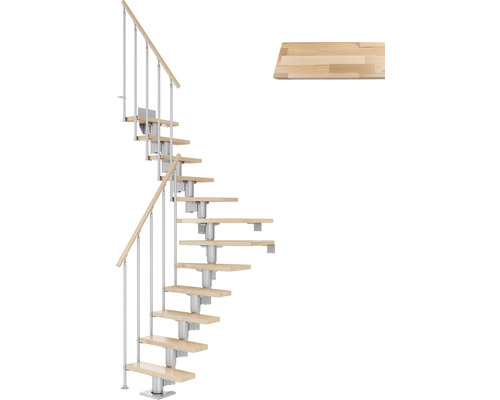 Escalier à limon central Pertura Spiros gris perle 75 cm garde-corps à barres verticales hêtre bois lamellé-collé vernis 12 marches 13 pas de marche Escalier gain de place avec marches en bois et rampes en métal