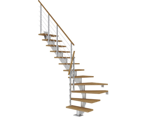 Escalier à limon central Pertura Alena gris perle 75 cm garde-corps à barres horizontales chêne bois lamellé-collé huilé 14 marches 15 pas de marche