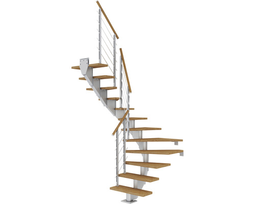 Escalier à limon central Pertura Alena gris perle 75 cm garde-corps à barres horizontales chêne bois lamellé-collé huilé 14 marches 15 pas de marche