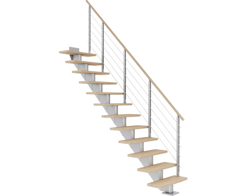 Escalier à limon central Pertura Alena gris perle 75 cm garde-corps à barres horizontales chêne lamellé-collé huilé 11 marches/12 pas de marche